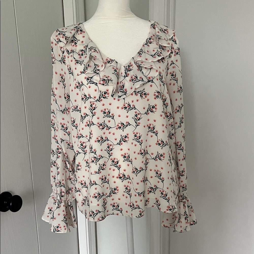 CeCe Cream Blouse with Pink Floral Ruffle V-Neck